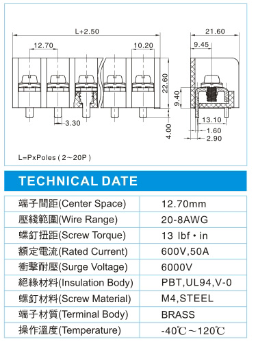 栅栏式接线端子,BHS 8-XX-12.7-00(600V,50A)尺寸图