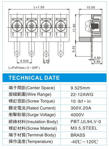 栅栏式接线端子,BHK 3-XX-9.52-06(300V,20A)尺寸图