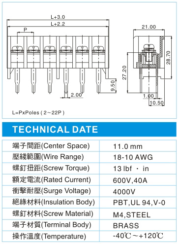 栅栏式接线端子,BHP 5-XX-11.0-16(600V,40A)尺寸图