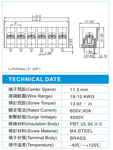 栅栏式接线端子,BHP 5-XX-11.0-15(600V,40A)尺寸图