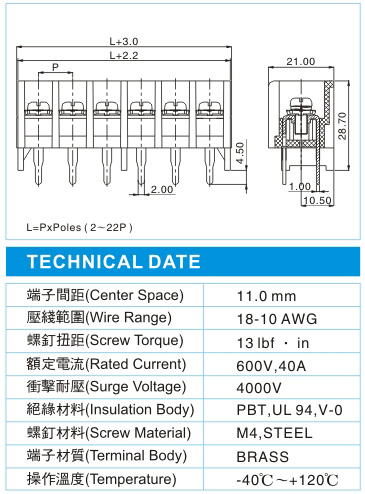 栅栏式接线端子,BHP 5-XX-11.0-14(600V,40A)尺寸图