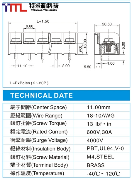 栅栏式接线端子,BHP 5-XX-11.0-05(600V,30A)尺寸图