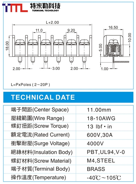 栅栏式接线端子,BHP 5-XX-11.0-02(600V,30A)尺寸图