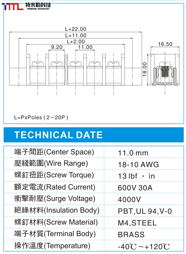 栅栏式接线端子,BHP 5-XX-11.0-00F-T1(600V,30A)尺寸图