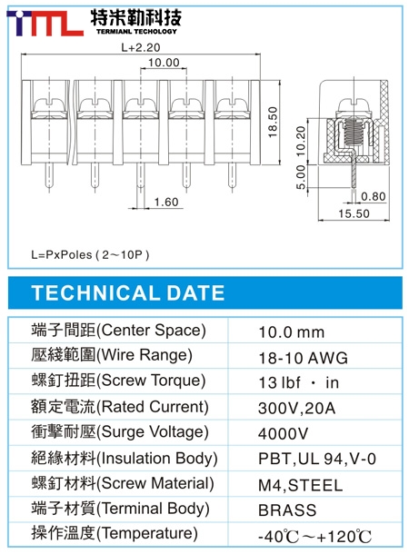 栅栏式接线端子,BHL 5-XX-10.0-09(300V,20A)尺寸图