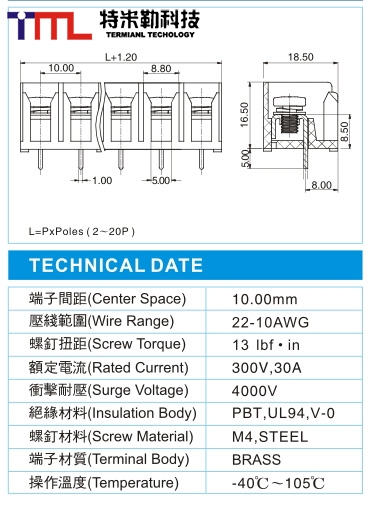 栅栏式接线端子,BHL 5-XX-10.0-04(300V,30A)尺寸图