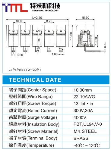 栅栏式接线端子,BHL 5-XX-10.0-02(300V,30A)尺寸图