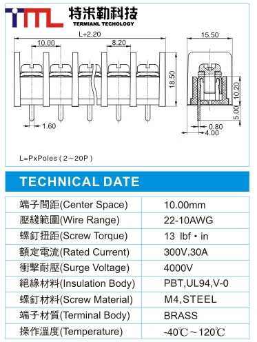 栅栏式接线端子,BHL 5-XX-10.0-00(300V,20A)尺寸图