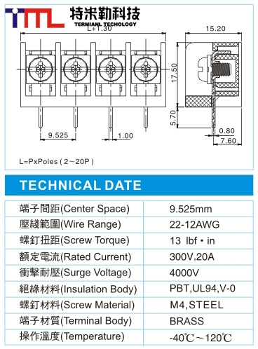 栅栏式接线端子,BHK 3-XX-9.52-10(300V,20A)尺寸图