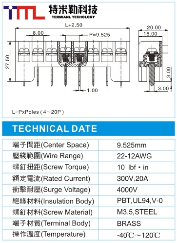 栅栏式接线端子,BHK 3-XX-9.52-09(300V,20A)尺寸图