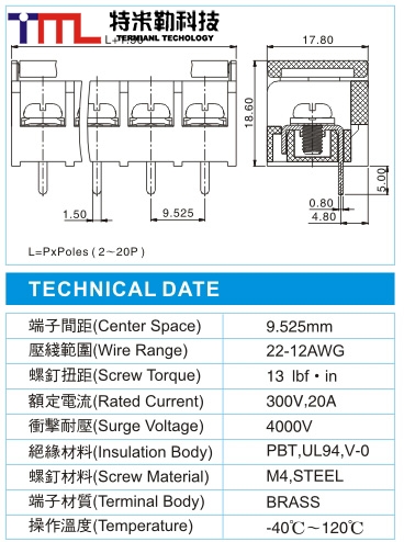 栅栏式接线端子,BHK 3-XX-9.52-08-C(300V,20A)尺寸图